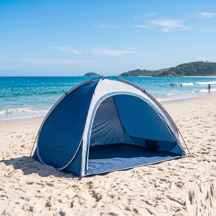 Tenda de praia pop-up com proteção UV montada na areia