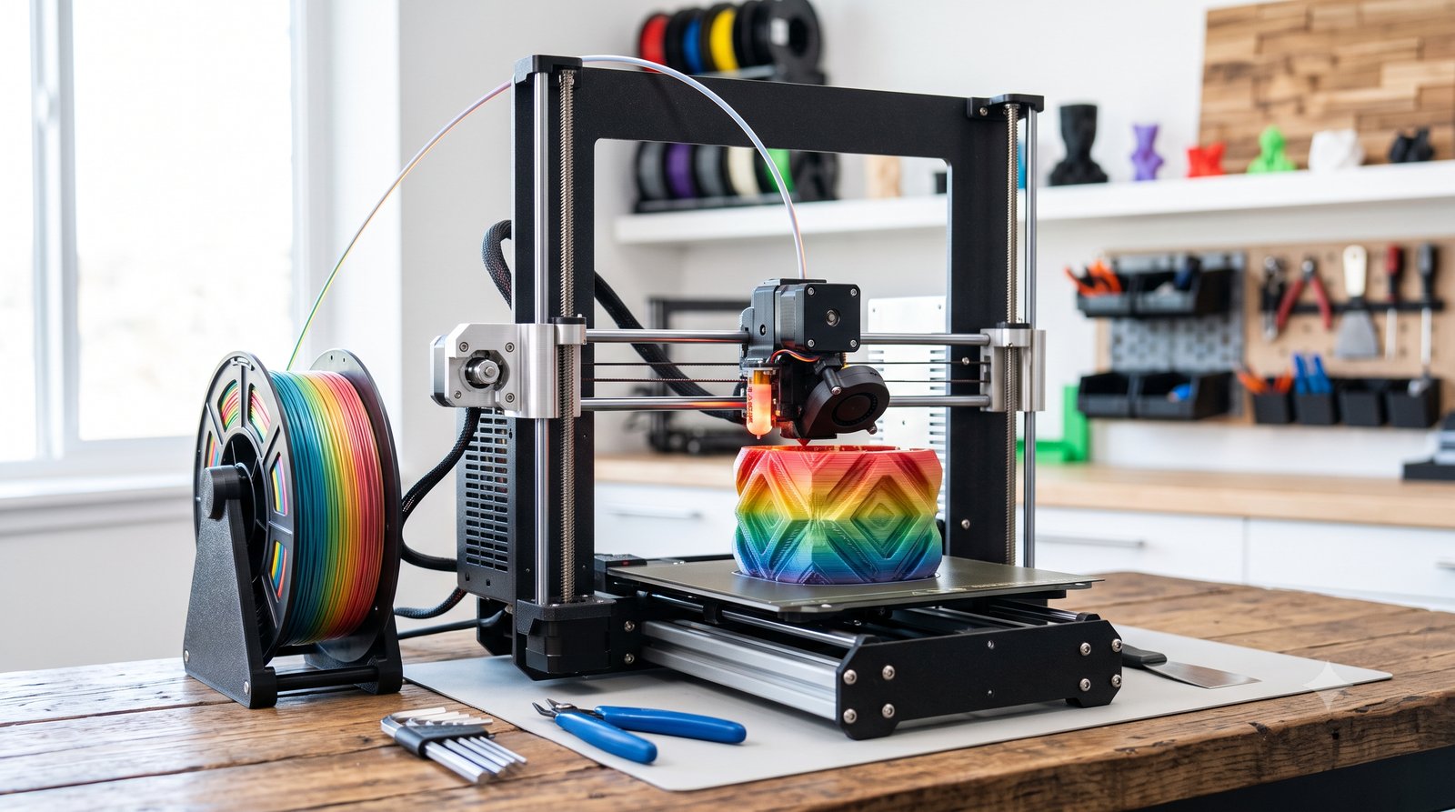 Impressora 3D de mesa imprimindo um objeto camada por camada