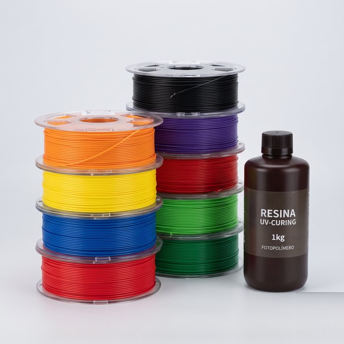 Rolos de filamento coloridos e frasco de resina