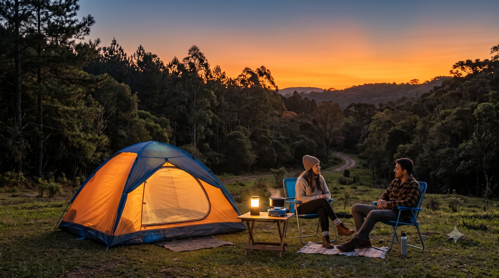Acampamento montado ao anoitecer, com barraca iluminada e cadeiras dobráveis