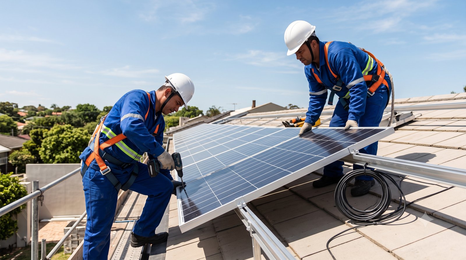 Instalação de painéis solares num telhado ao sol