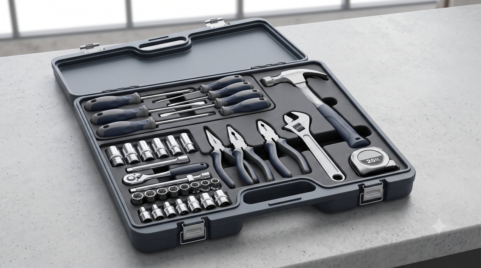Kit de ferramentas manuais completo e organizado numa maleta aberta