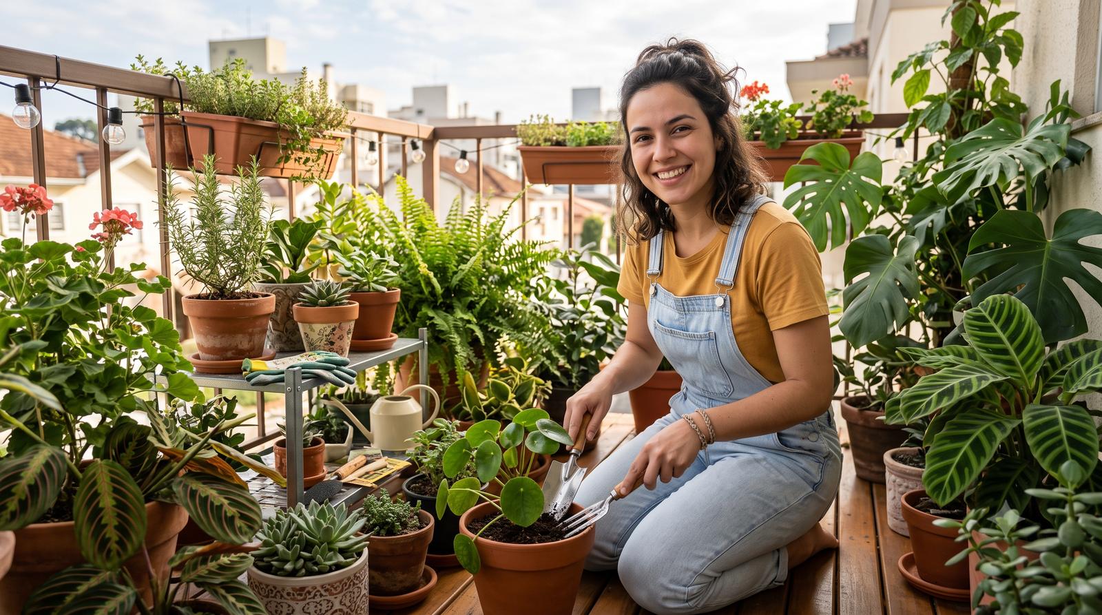Pessoa cuidando de plantas numa varanda com kit de jardinagem