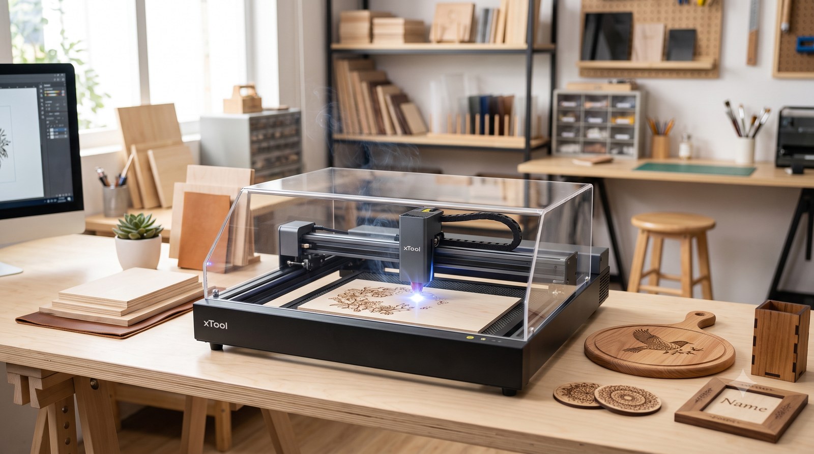 Gravadora a laser CNC de mesa gravando um desenho numa placa de madeira num ateliê maker