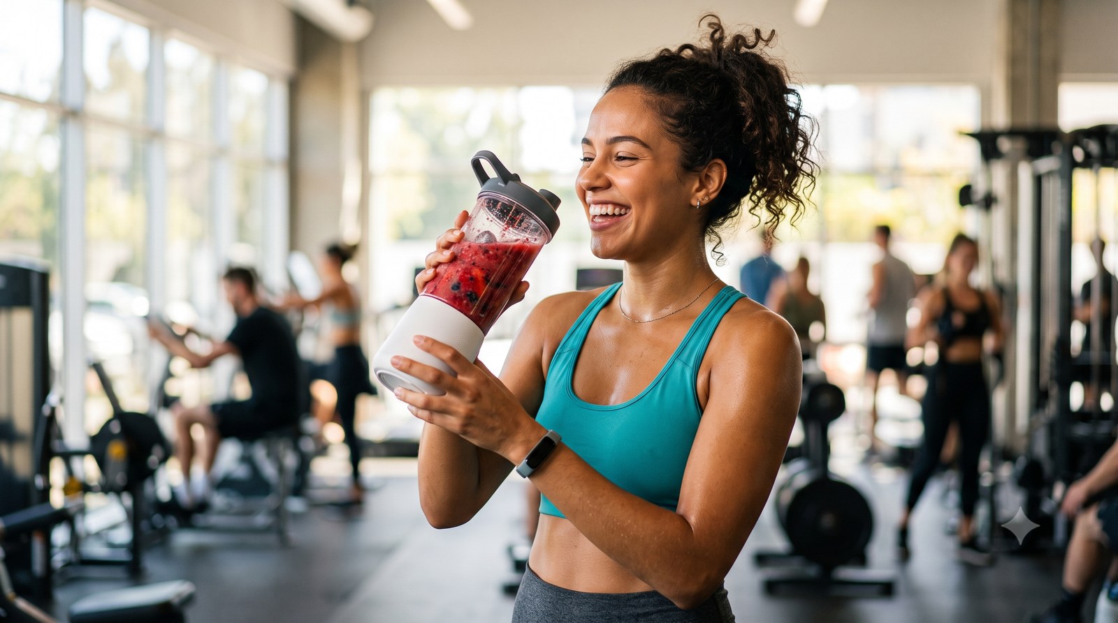 Liquidificador portátil batendo uma vitamina de frutas no próprio copo