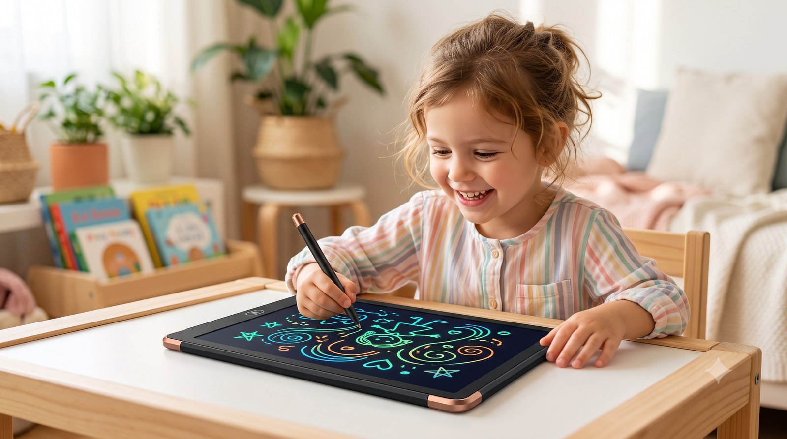 Criança desenhando numa lousa mágica LCD colorida sobre a mesa