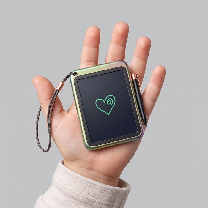 Lousa mágica LCD pequena e portátil segurada numa mão, com cordão de pendurar