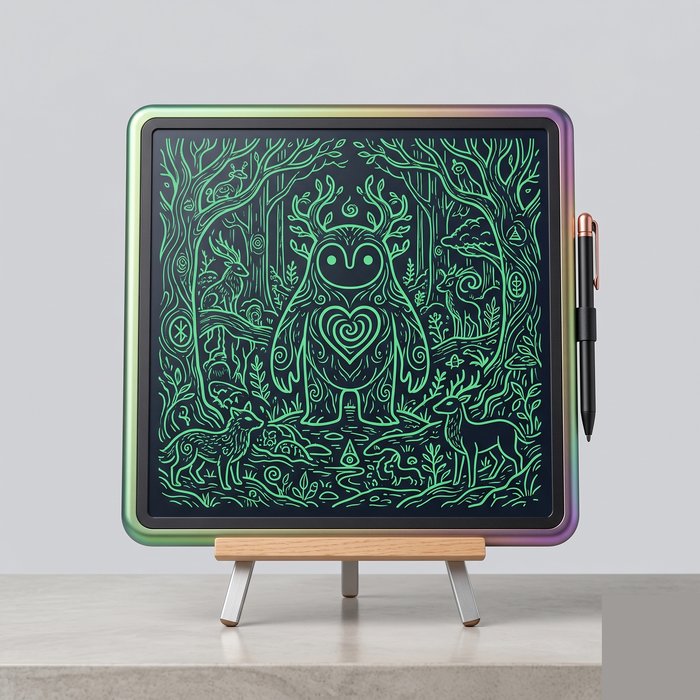 Lousa mágica LCD grande apoiada num suporte sobre a mesa, como um quadro de desenho