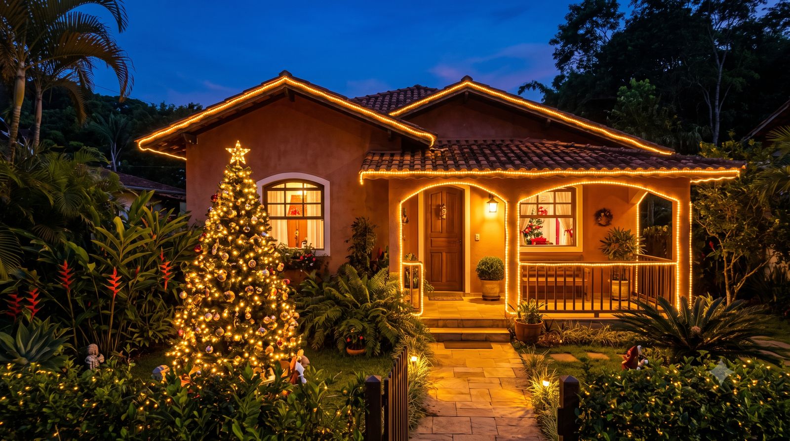 Fachada de casa decorada com luzes de Natal LED douradas à noite