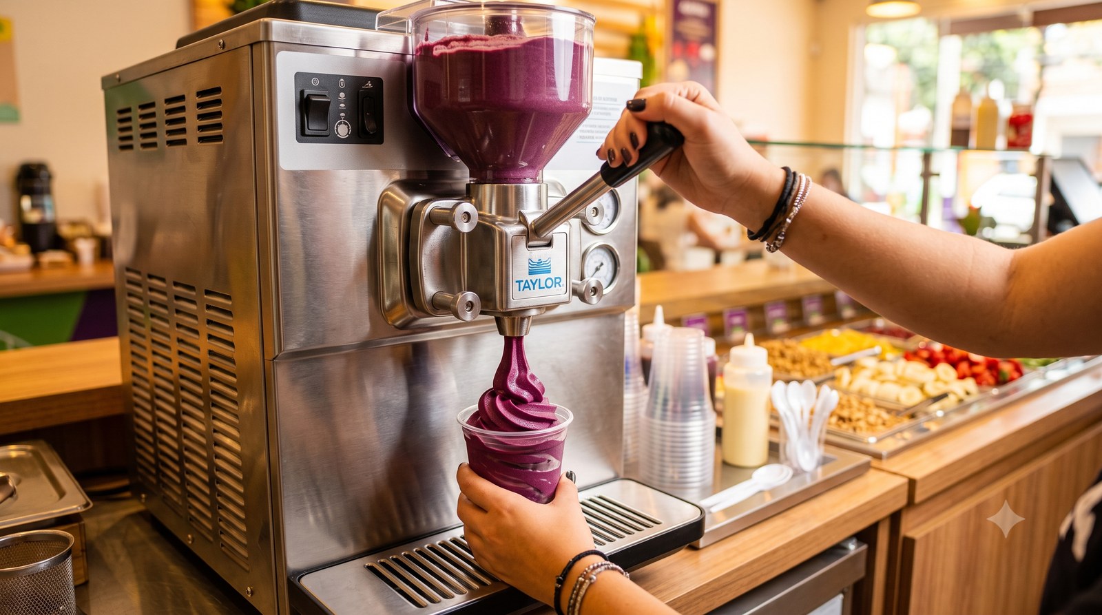 Máquina de sorvete expresso de balcão servindo açaí cremoso num copo pela alavanca