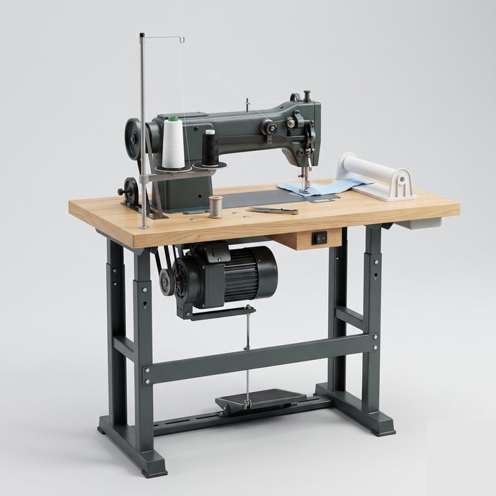 Máquina de costura reta industrial com motor direct drive sobre bancada