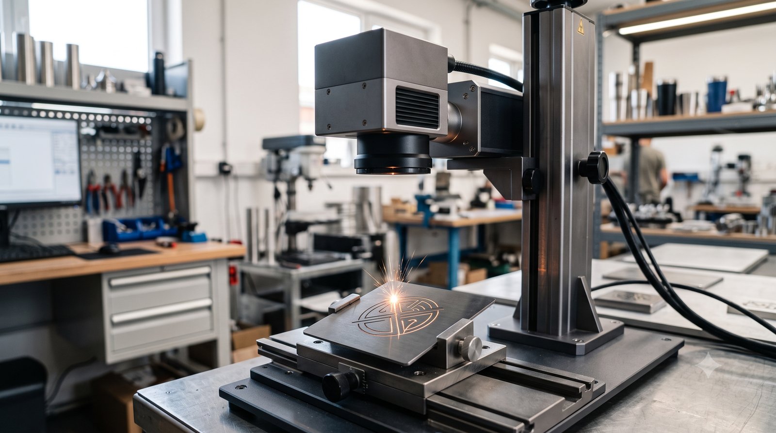 Marcadora a laser de fibra gravando um logotipo numa peça de metal, com faísca de gravação