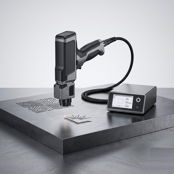 Marcadora a laser de fibra portátil tipo pistola marcando uma peça grande de metal