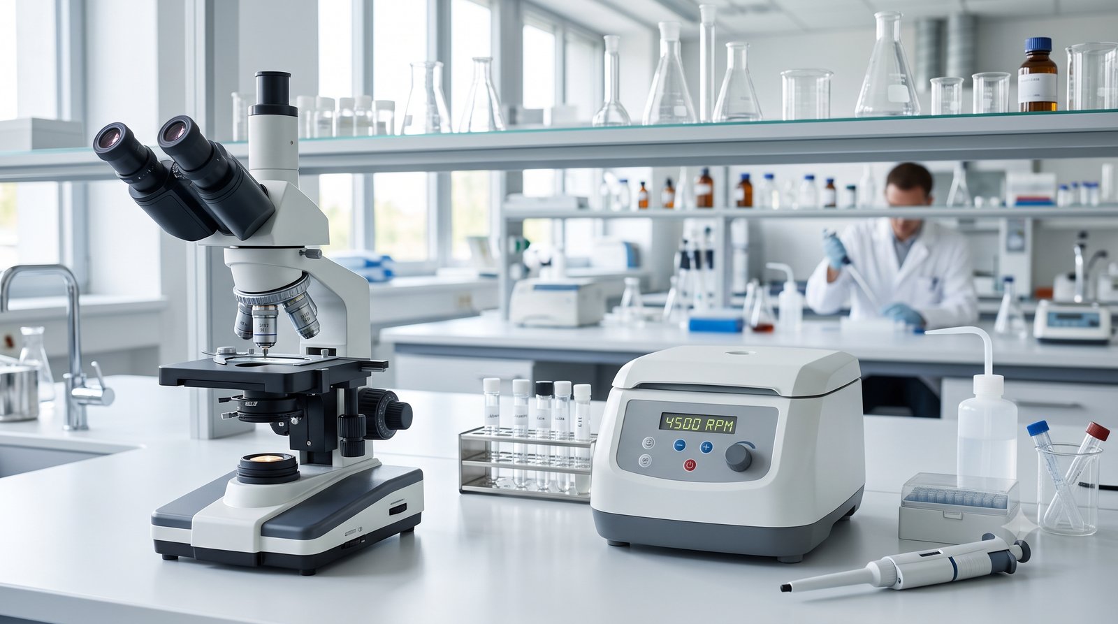 Bancada de laboratório com microscópio e centrífuga num laboratório moderno