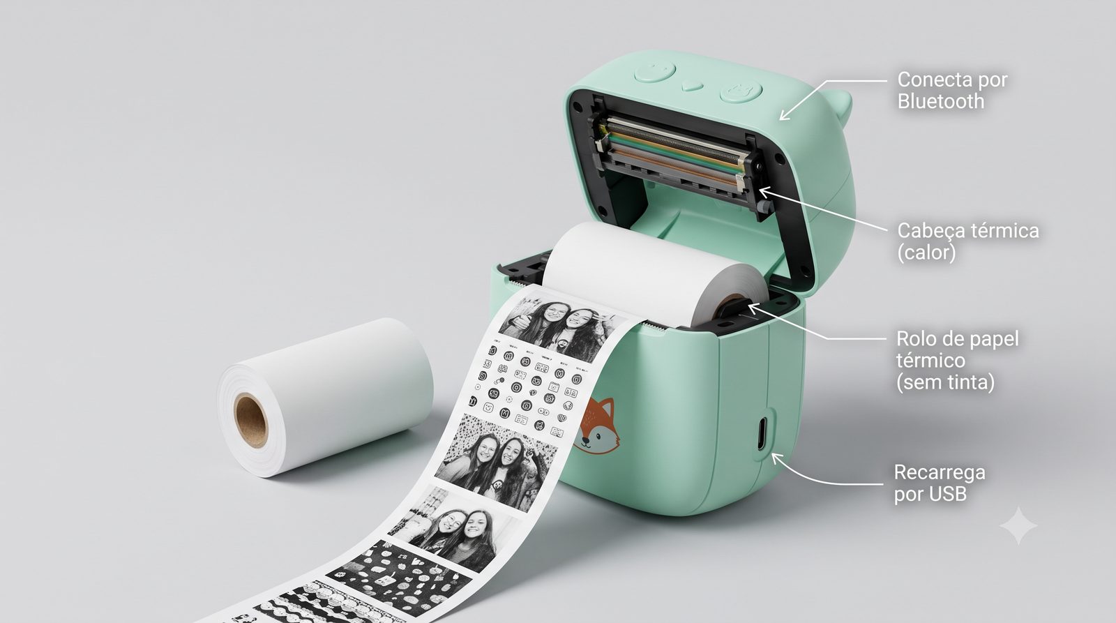 Como funciona a mini impressora térmica: o calor marca o papel térmico, sem tinta