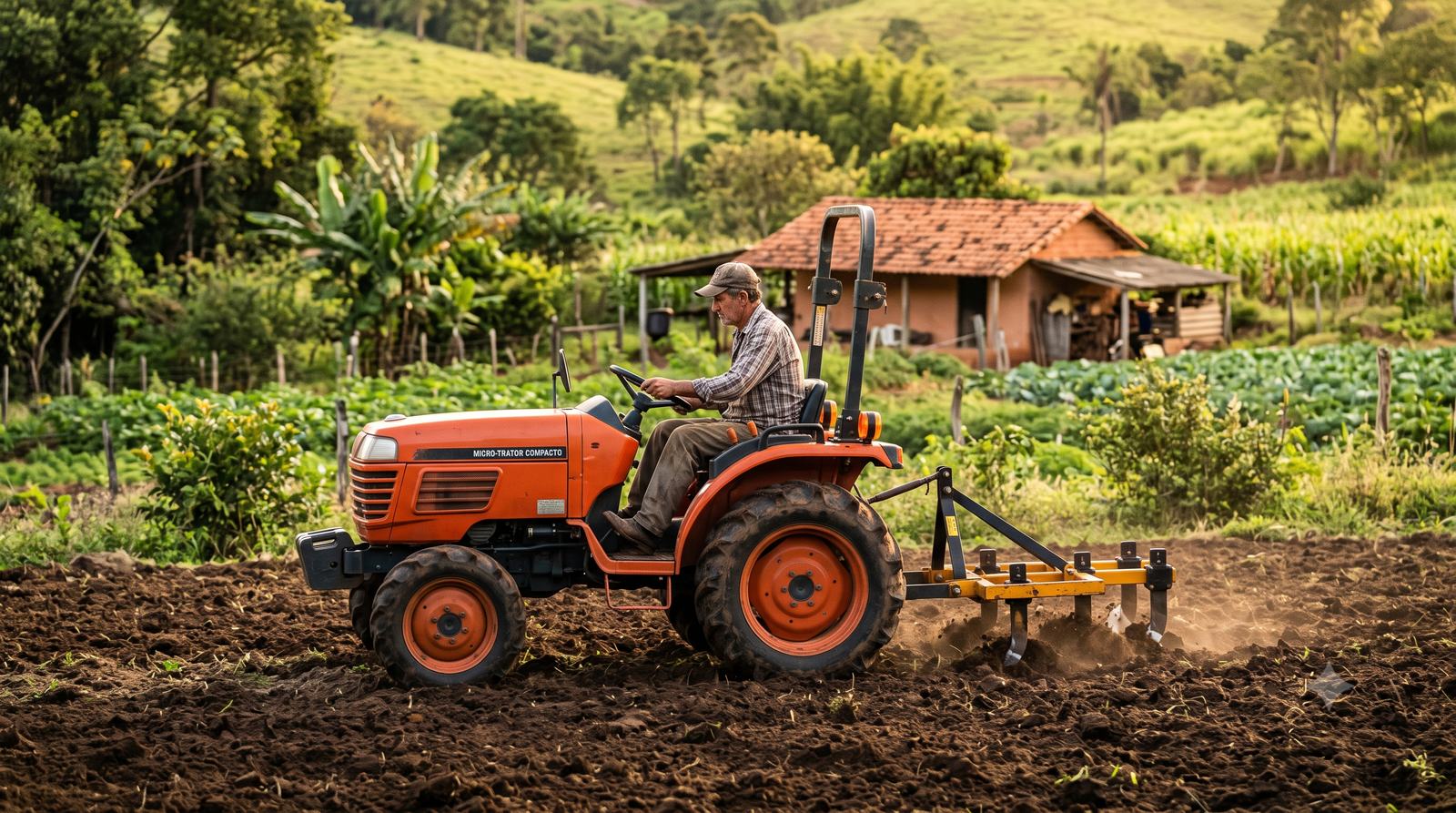 Mini trator compacto trabalhando numa pequena propriedade rural, preparando o solo
