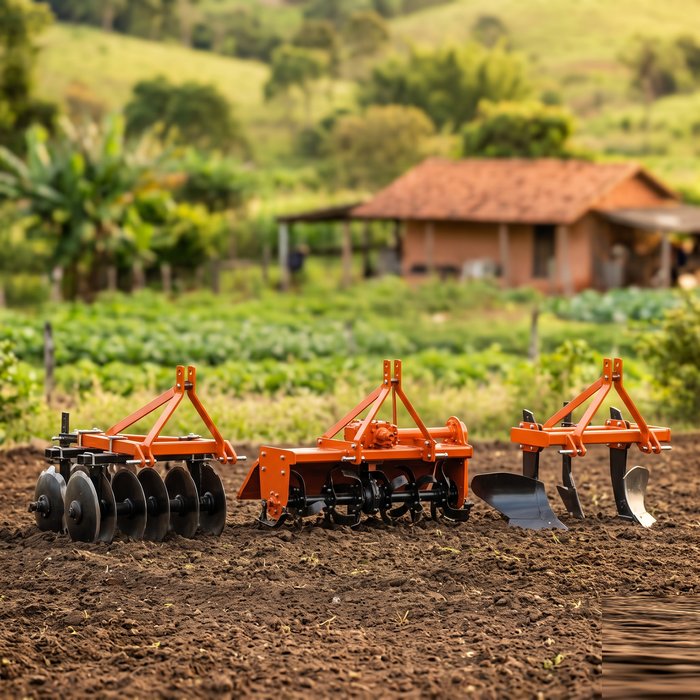 Implementos agrícolas acopláveis: arado, enxada rotativa e sulcador