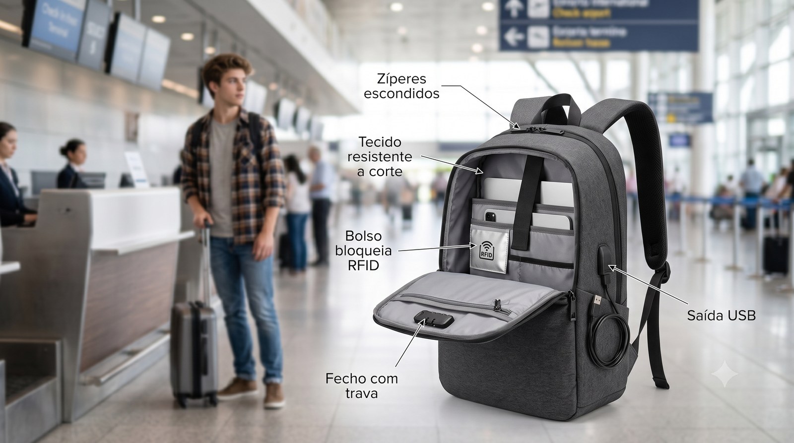 Como funciona a mochila antifurto: zíperes escondidos, tecido resistente a corte, bolso RFID, trava e saída USB