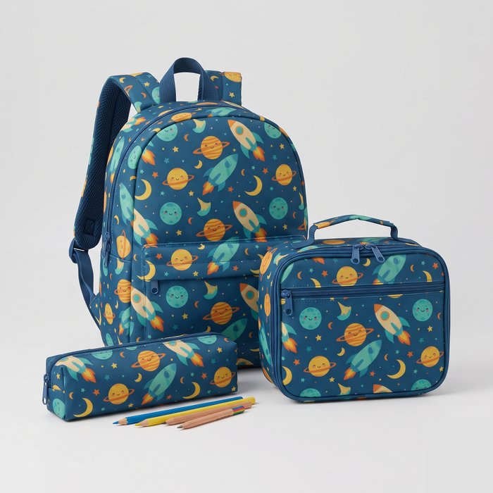 Kit escolar coordenado com mochila, lancheira e estojo no mesmo tema
