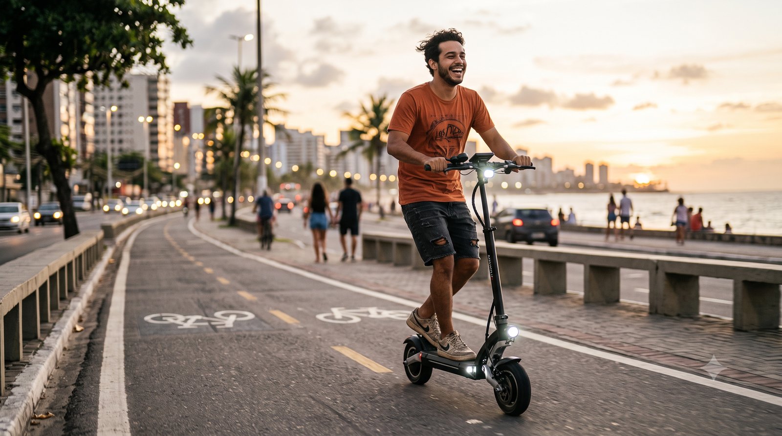 Jovem andando de patinete elétrico numa ciclovia urbana ao entardecer