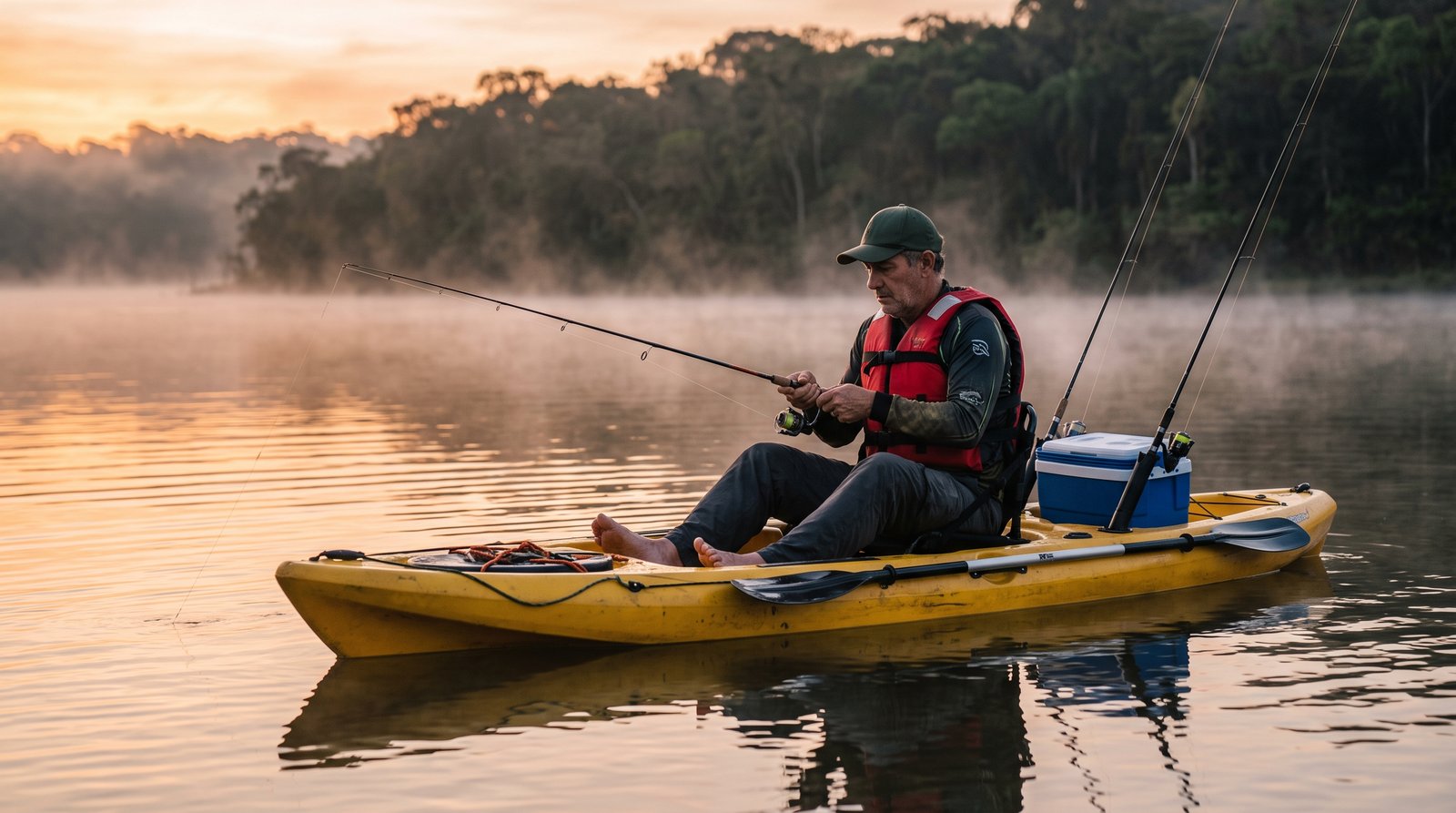 Pescador num caiaque de pesca amarelo com varas nos suportes, ao amanhecer numa represa