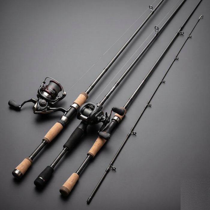Conjunto de varas e molinetes de pesca esportiva sobre fundo escuro