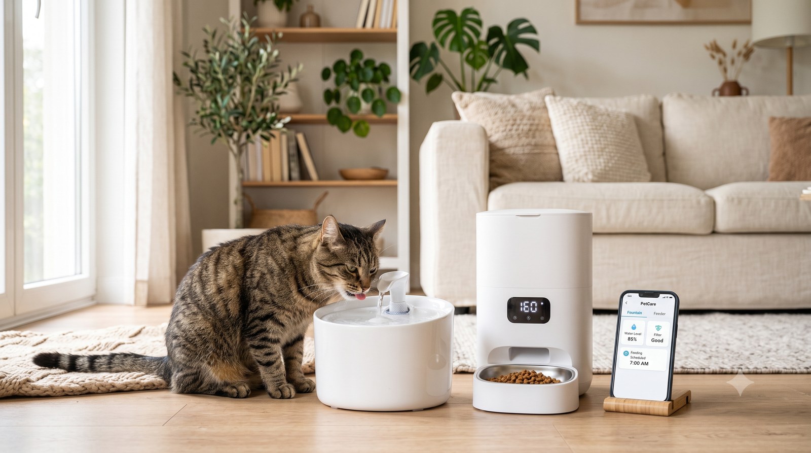 Gato bebendo de uma fonte de água automática ao lado de um comedouro inteligente