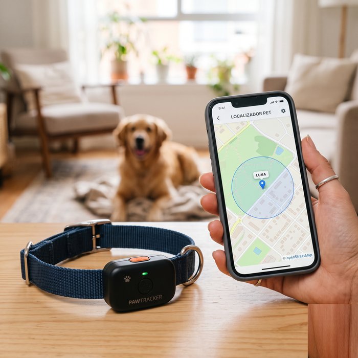 Coleira com rastreador GPS para pet e o app mostrando a localização no mapa