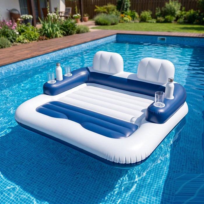 Colchão e ilha inflável para relaxar na água da piscina