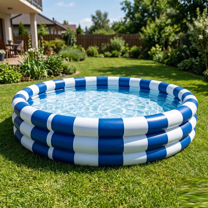 Piscina inflável de família montada no quintal, com bordas altas e cores vivas