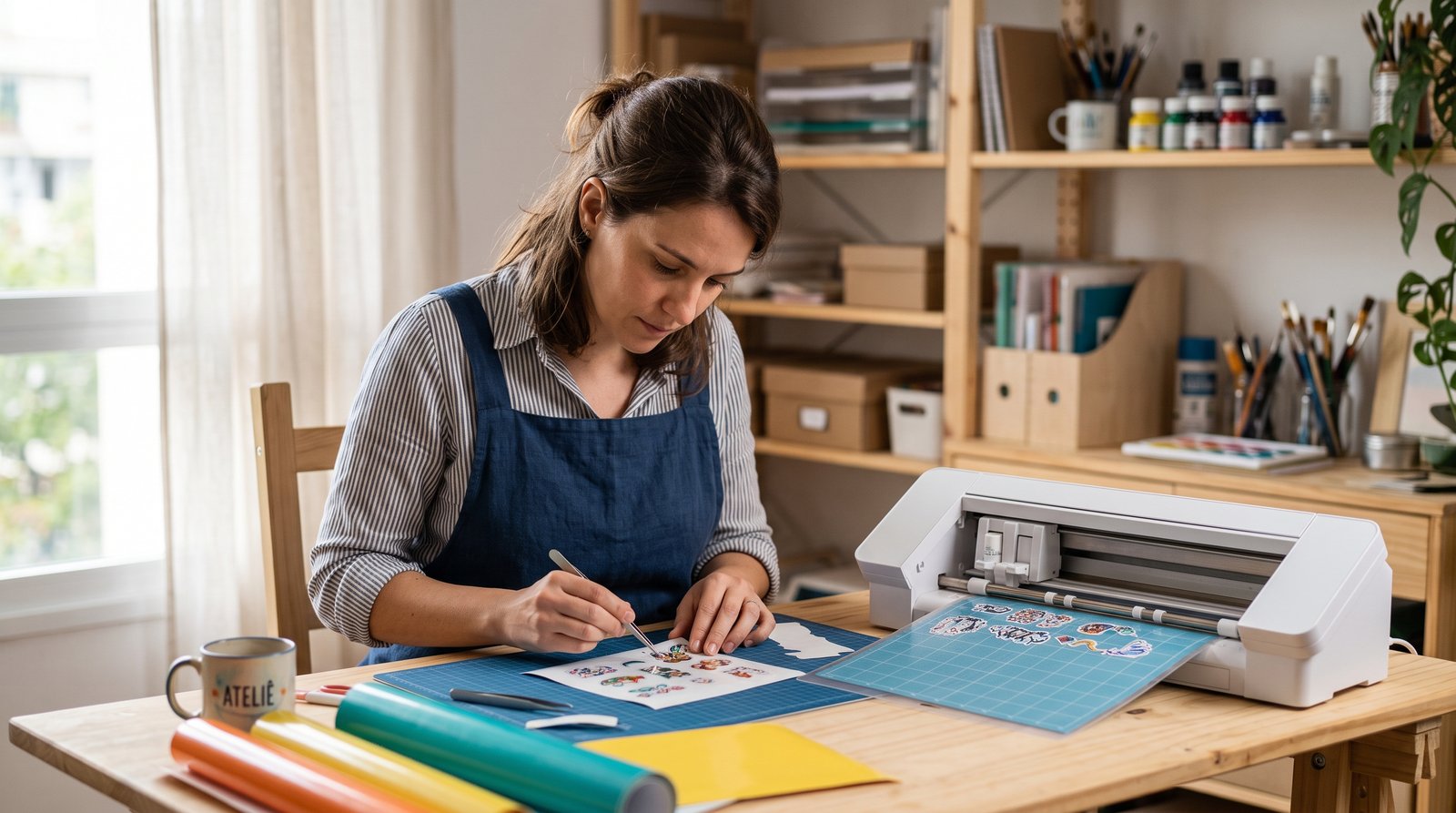 Mulher retirando adesivos recém-recortados da folha de vinil ao lado de um plotter de mesa