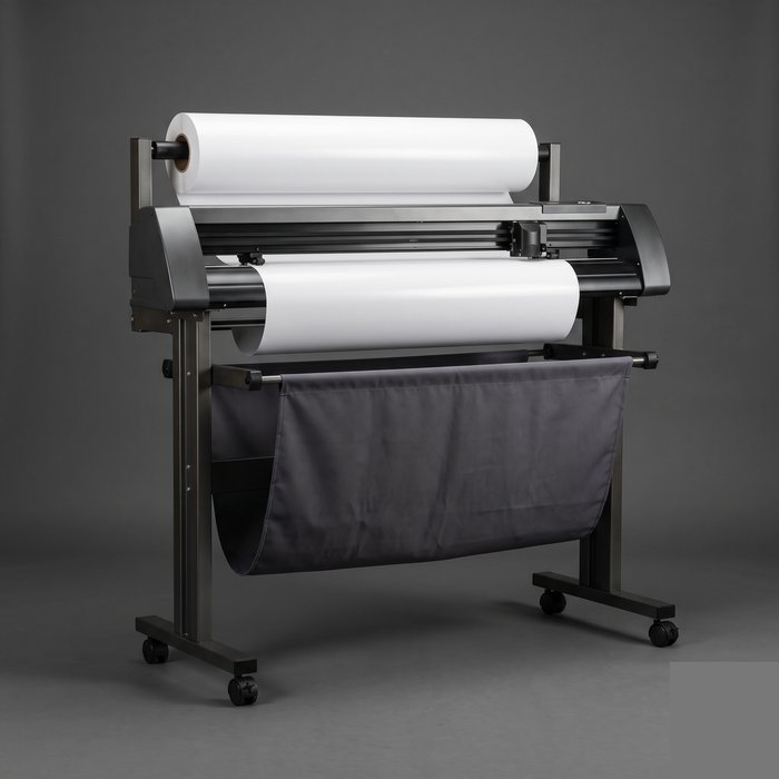 Plotter de recorte de formato largo sobre pedestal com rolo de vinil alimentando por trás