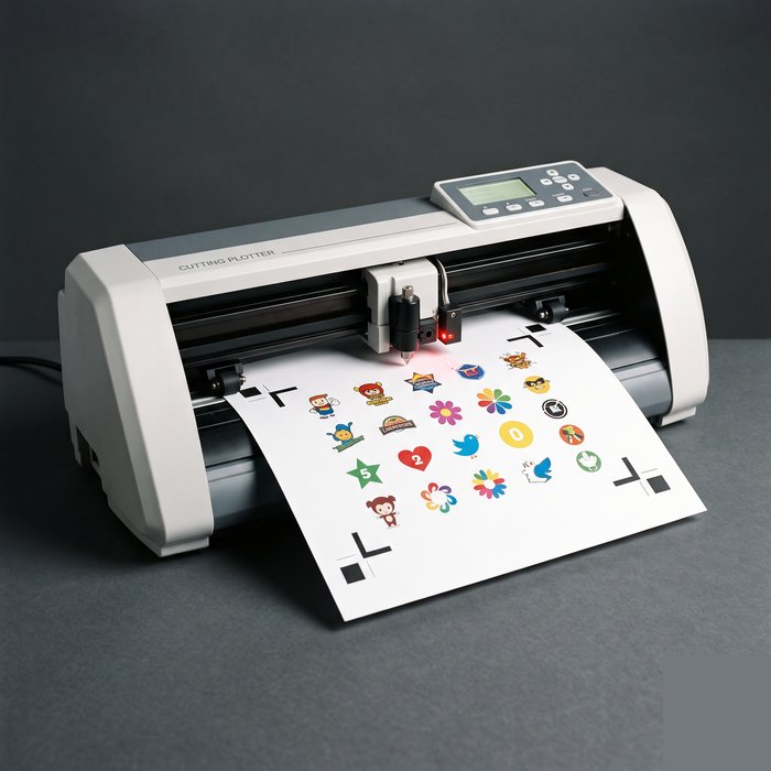 Plotter de recorte de bancada com sensor óptico lendo marcas de registro numa folha impressa