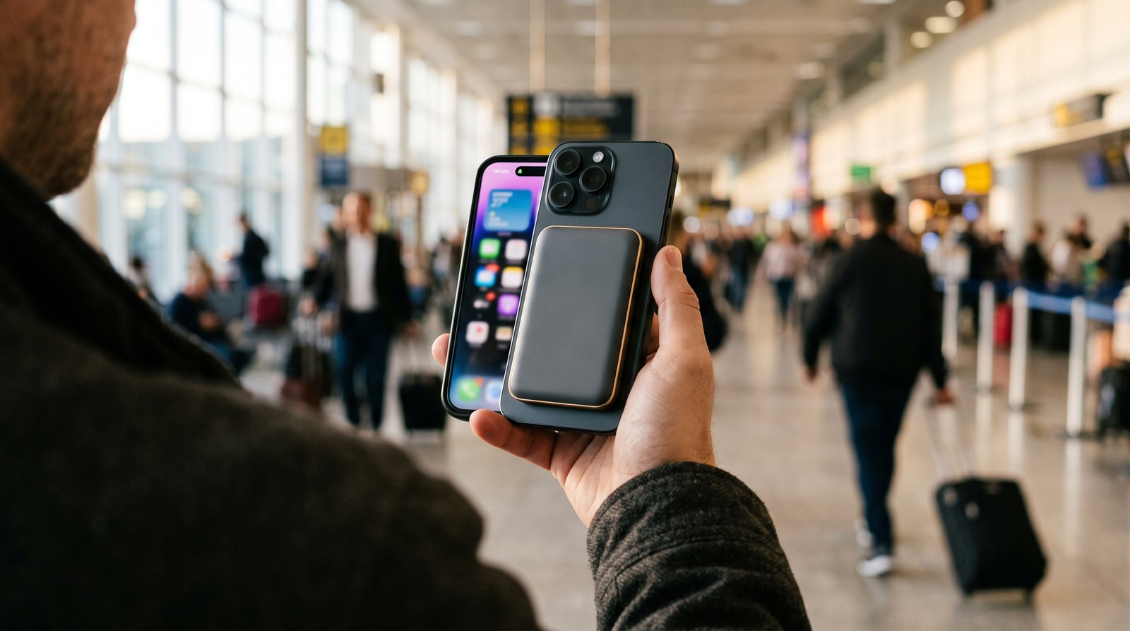 Power bank magnético fino preso na traseira de um celular segurado na mão, com a tela em uso