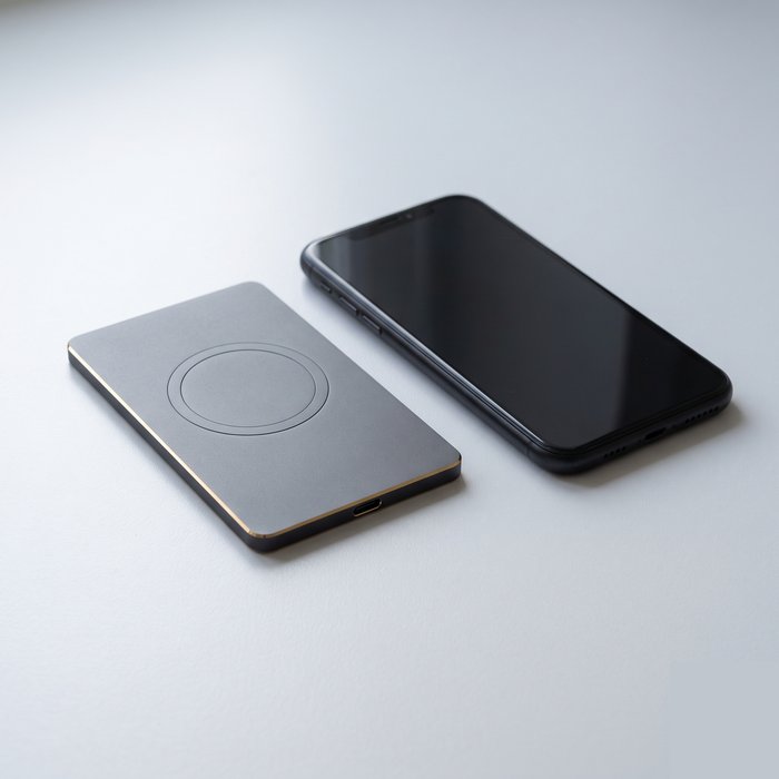 Power bank magnético fino no formato de cartão, ao lado de um celular