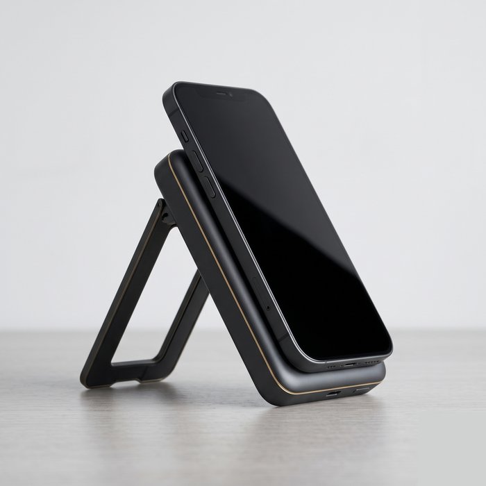 Power bank magnético com apoio articulado aberto, segurando um celular em pé sobre a mesa