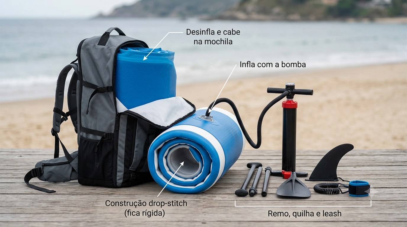 Como funciona a prancha inflável: enche com a bomba, a construção drop-stitch deixa rígida, e o kit desinfla para caber na mochila