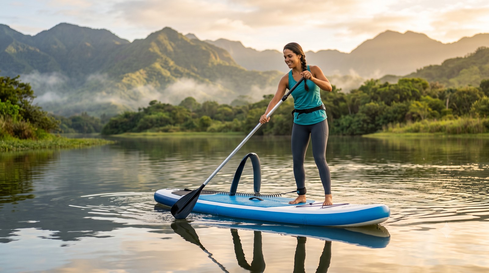 Pessoa remando de pé numa prancha de stand-up paddle inflável num lago calmo ao amanhecer