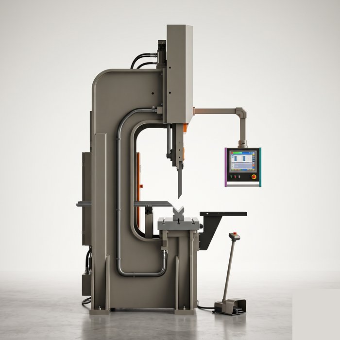 Prensa dobradeira CNC com estrutura em C e avental vertical