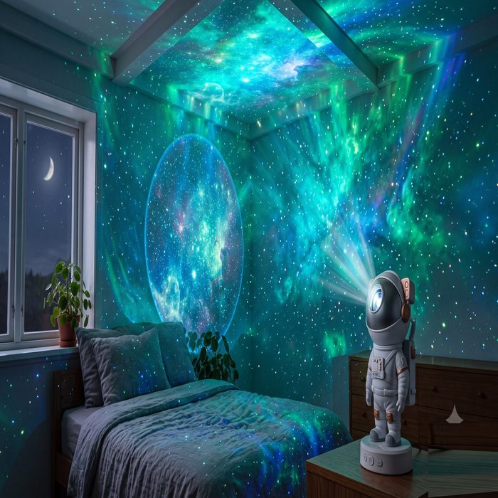 Projetor astronauta iluminando o quarto inteiro de estrelas