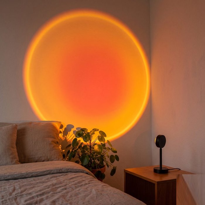 Luz de pôr do sol projetando um círculo alaranjado na parede