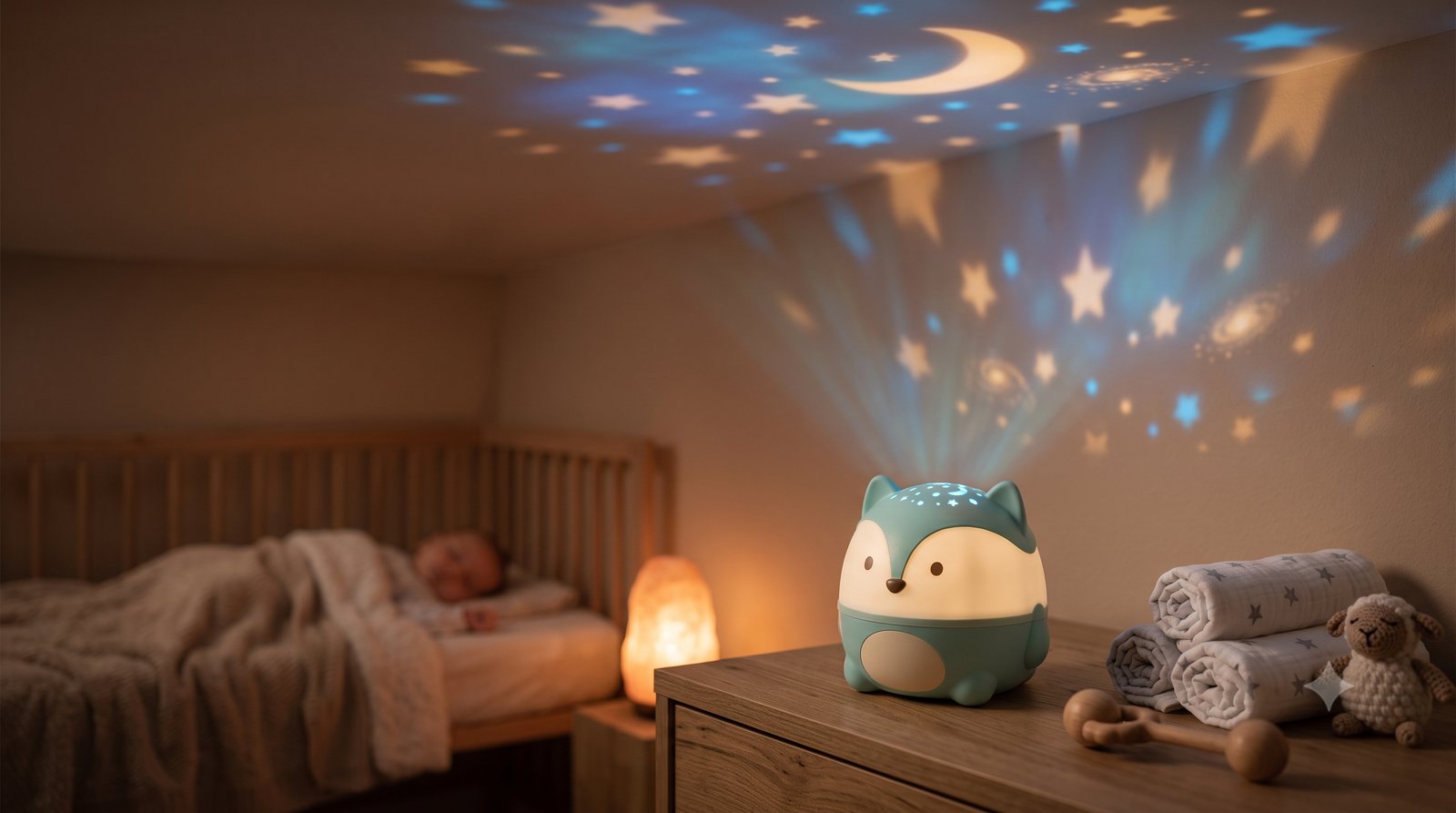 Projetor de teto infantil projetando estrelas e lua no teto de um quarto de bebê à noite