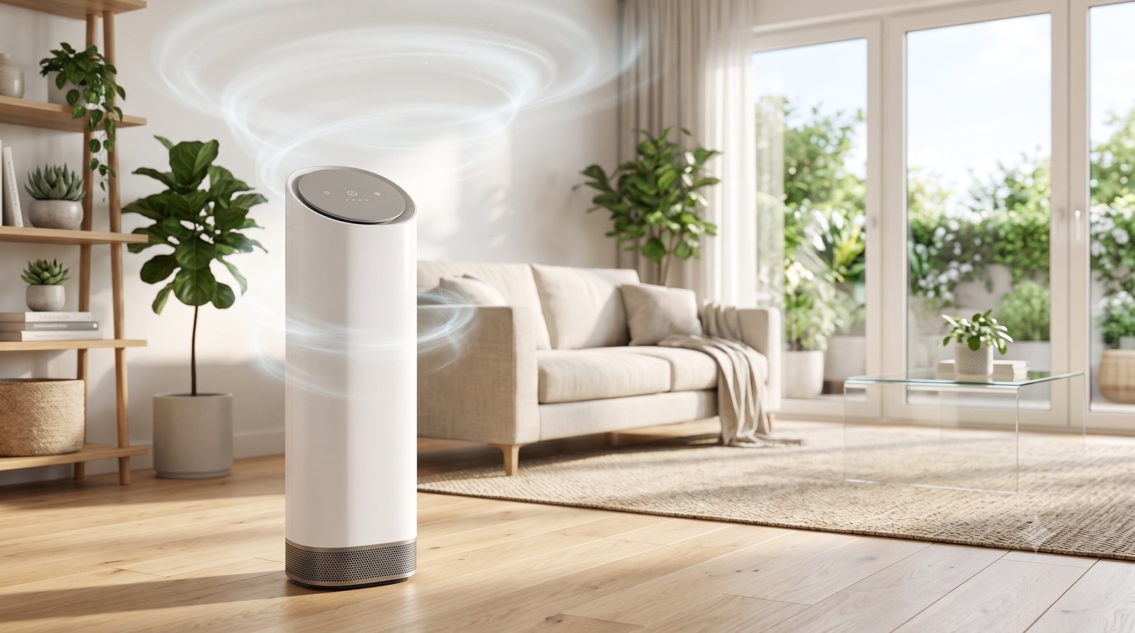 Purificador de ar de torre ligado numa sala de estar moderna e clara