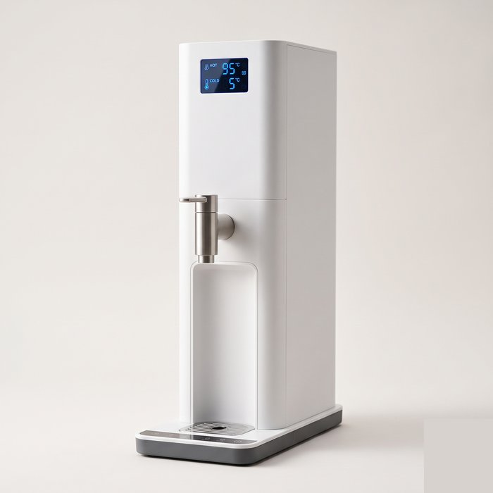 Purificador de água elétrico de bancada, torre vertical branca com torneira frontal