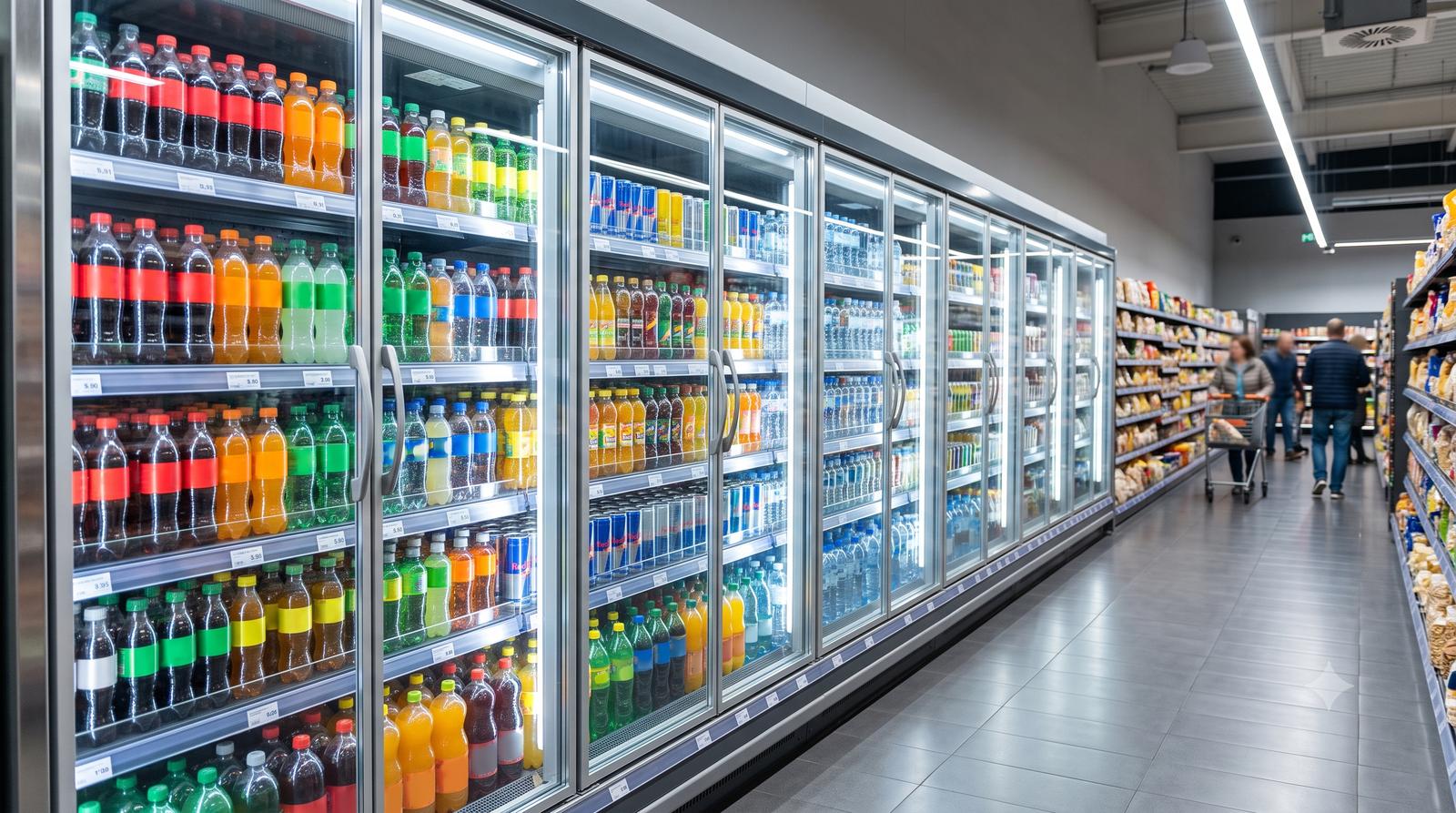 Expositores refrigerados de bebidas num supermercado