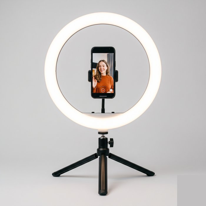 Ring light de mesa com tripé pequeno e suporte de celular