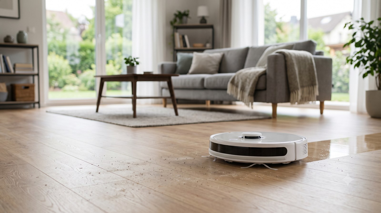 Robô aspirador limpando o piso de uma sala moderna