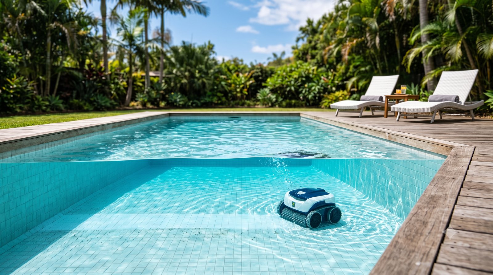 Robô de limpeza percorrendo o fundo de uma piscina residencial