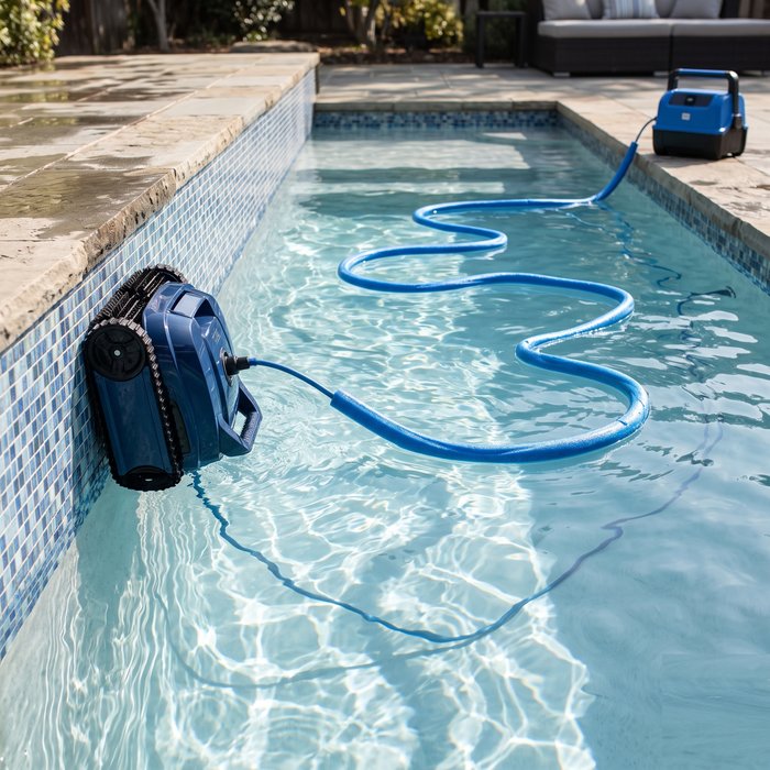 Robô de piscina com cabo flutuante e fonte de alimentação ao lado