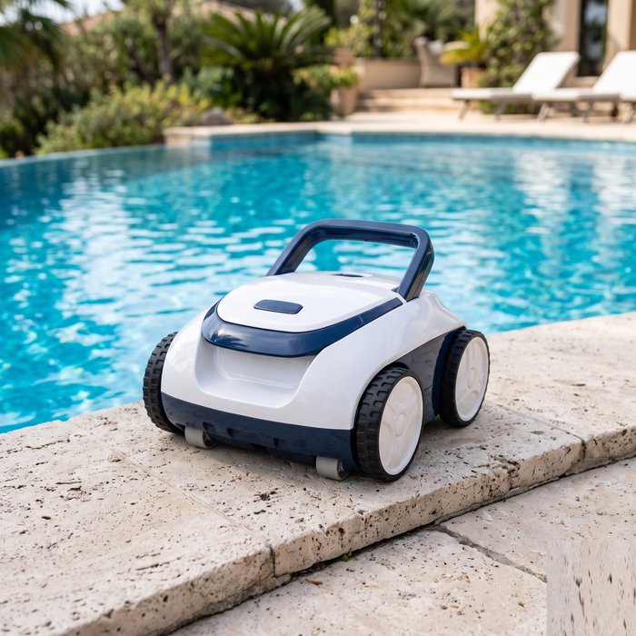 Robô de piscina sem fio compacto, sem nenhum cabo, sobre a borda da piscina